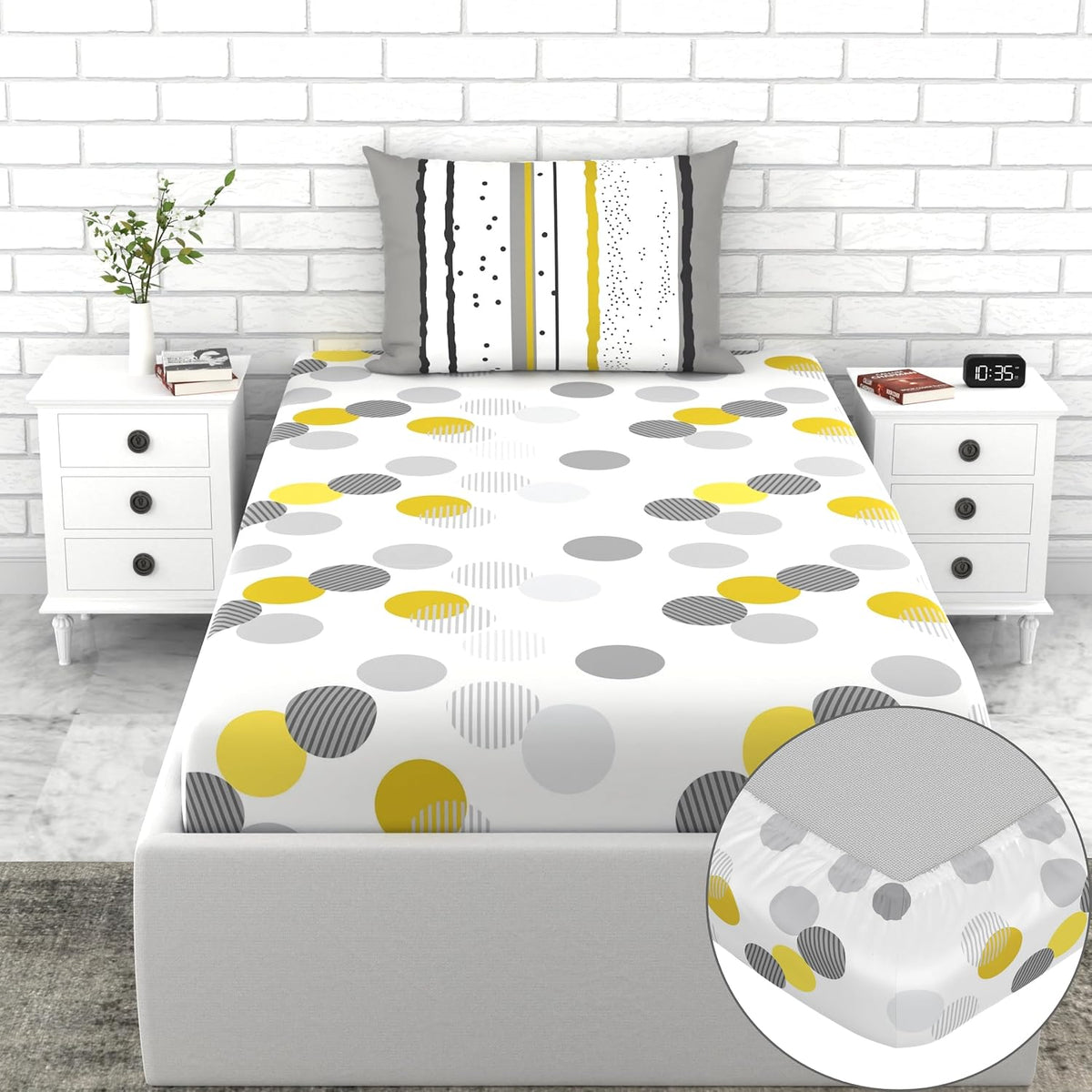 Cotton Elastic Fitted Bedsheet Single Bed With 1 Pillow Cover - 36 X 78 Inches, White & Grey | Perfect For Everyday Use | Ultra-Soft & Breathable