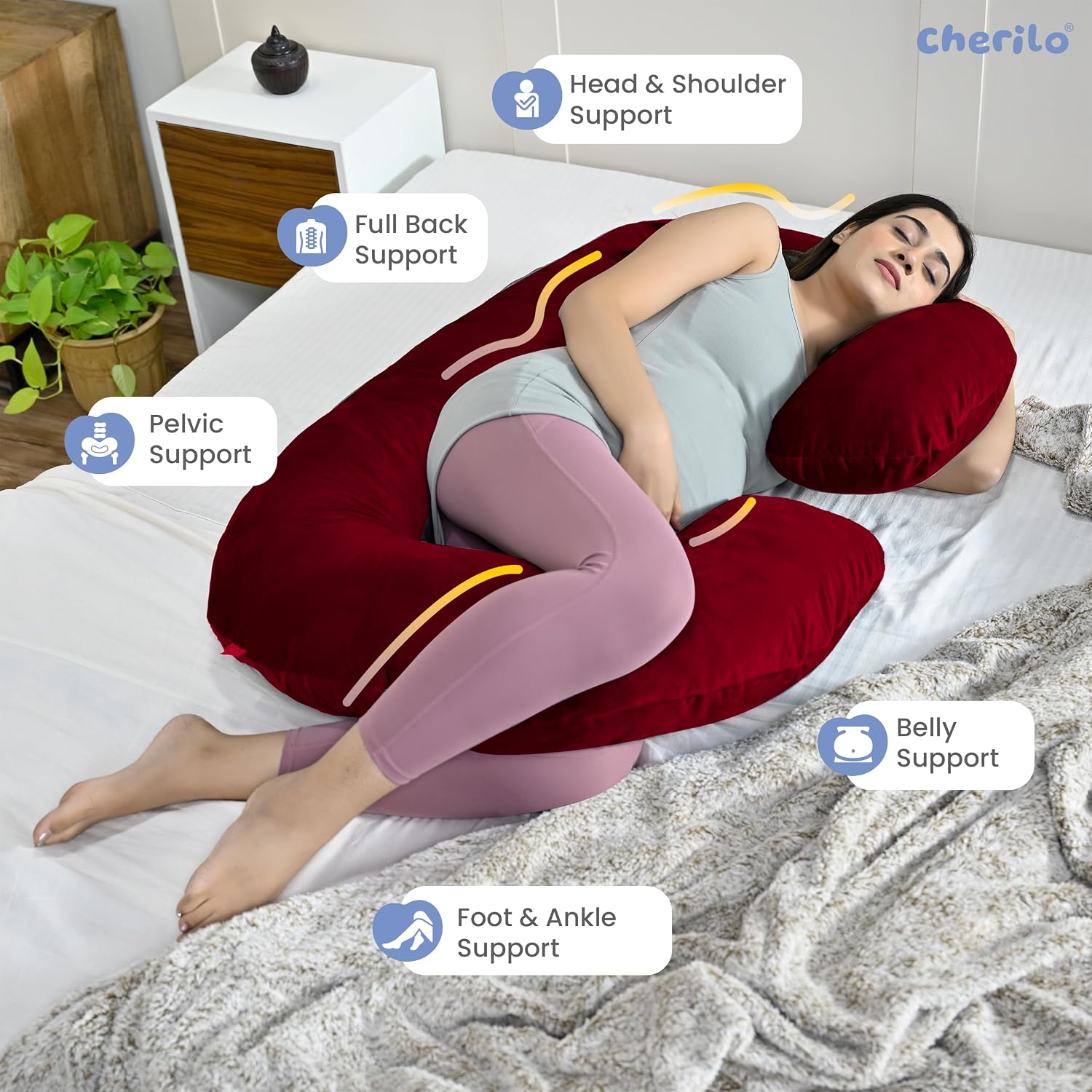C Shaped Pregnancy Pillow For Maternity & Baby Nursing, Full Body Support, Maroon | Abdomen, Spine, Neck & Head Support Cushion | Premium Velvet Outer Cover With Zip, Adjustable Pillow