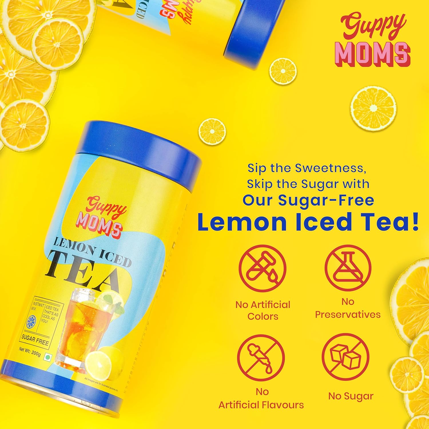 Guppy Moms Lemon Iced Tea Powder - Pack Of 6 X 200gm, 7.05 Ounce Each | Aromatic, Healthy & Easy To Prepare - Sugar Free & Refreshing Summer Drink | Caffeine Free
