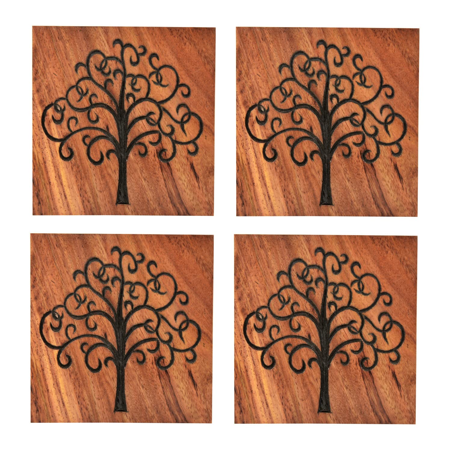 Premium Hand Engraved Sheesham Wooden Coasters Set Of 4 - Brown, L X B X H - 10 Cm X 10 Cm X 1 Cm | Table Coasters