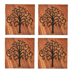 Premium Hand Engraved Sheesham Wooden Coasters Set Of 4 - Brown, L X B X H - 10 Cm X 10 Cm X 1 Cm | Table Coasters