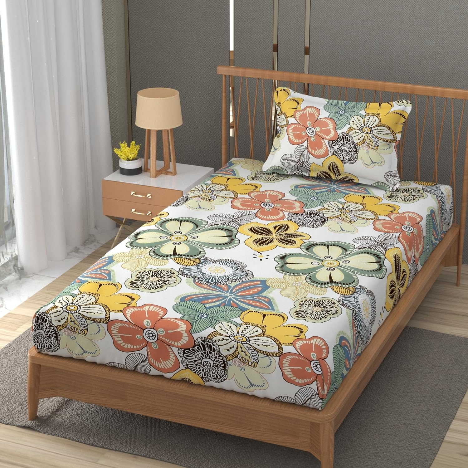 Premium Cotton Elastic Fitted 1 Single Bedsheets With 1 Large Pillow Covers | Size 36 X 78 X 6 Inches, Multicolor - Printed Big Flower | Wrinkle Free & Soft Touch Summer Bedsheet
