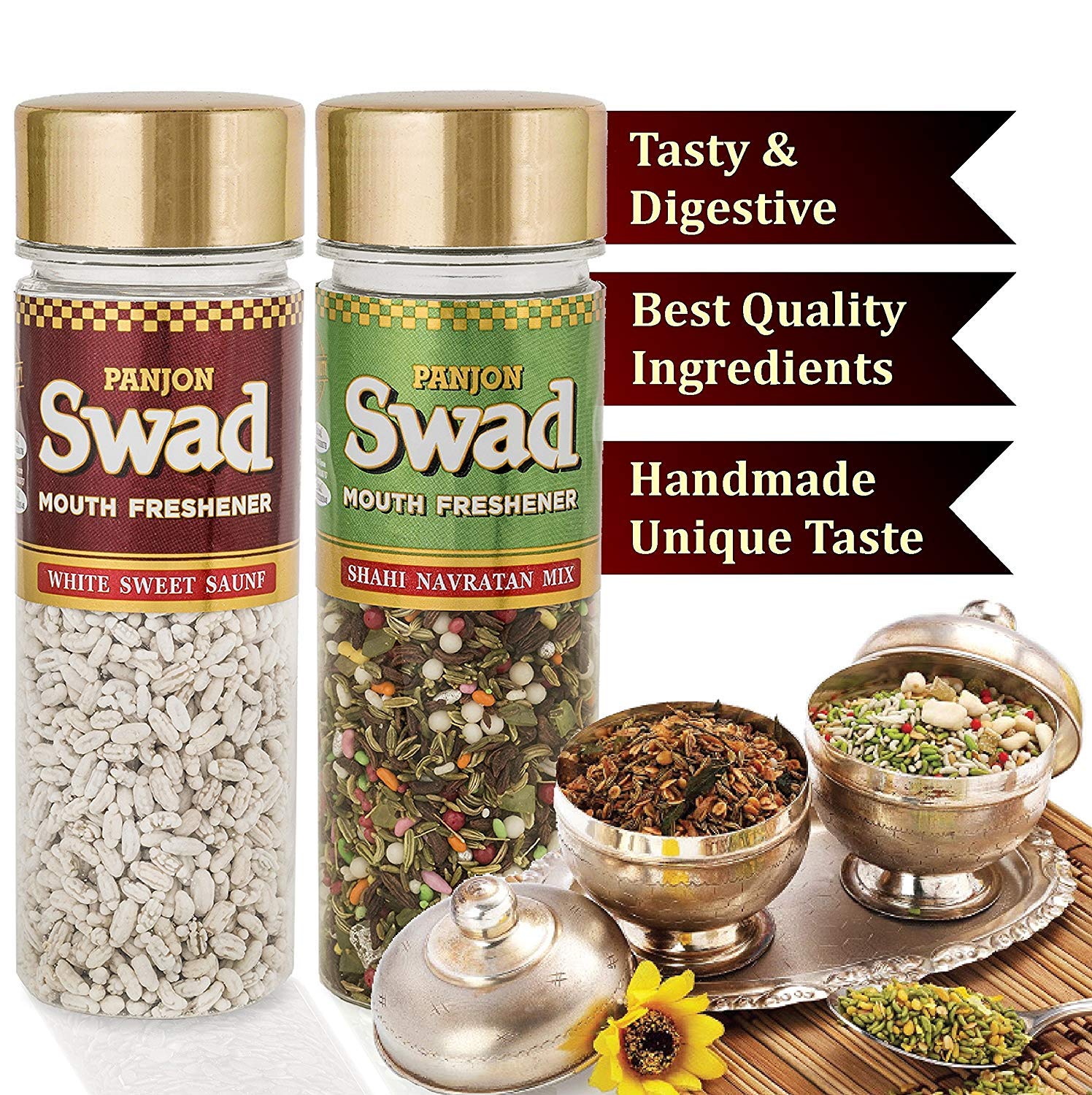 Panjon Swad White Sweet Saunf, Coloured Saunf, Calcutta Paan, Banarasi Paan, Roasted Saunf, Roasted Alsi Mouth Freshener 670gm, (110gm *6)