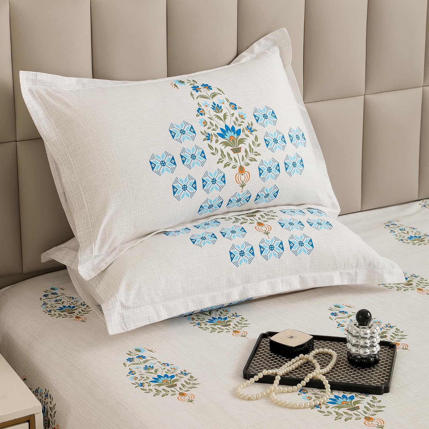 1 Piece Cotton Bedsheet For King Size With 1 Pillow Cover - 108 X 108 Inches, White & Blue | Soft & Durable For Everyday Use & Bedroom - All Season Comfort