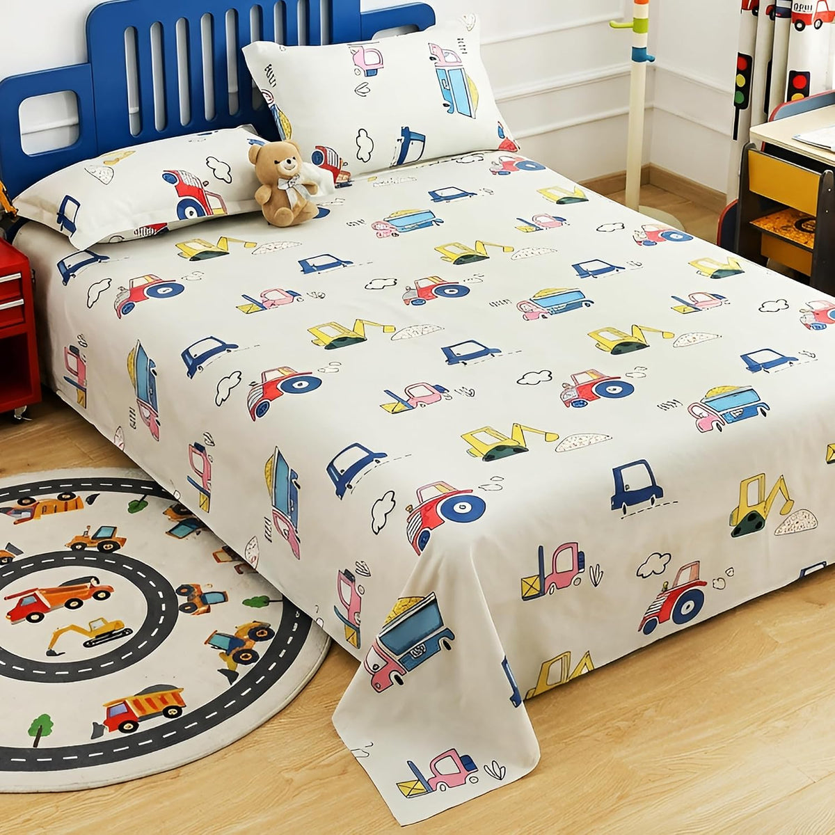 Kids Double Bed Bedsheet Set With 2 Pillow Covers - 88 X 100 Inches, Cream & Blue | Soft Bedding For Boys & Girls | Cartoon Design