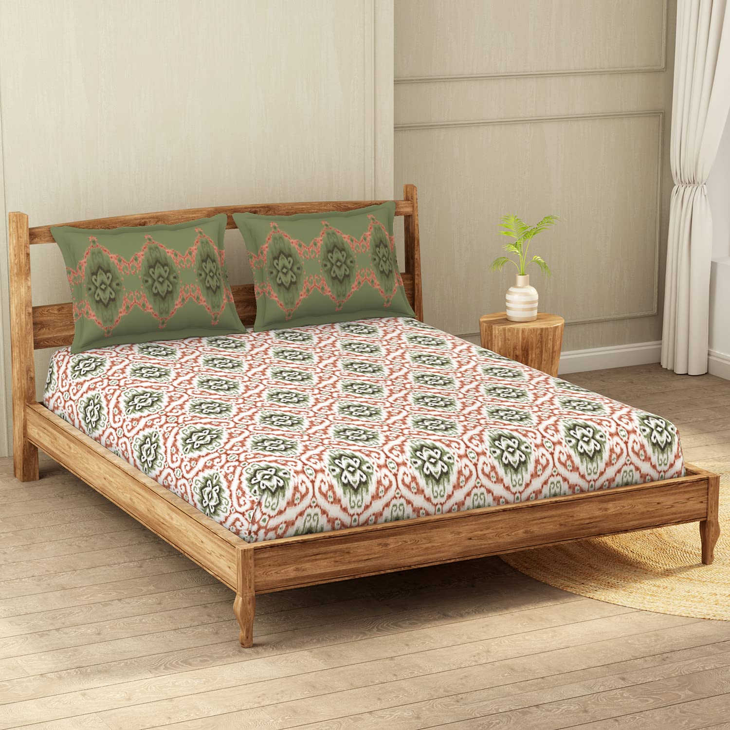 Printed Double Bedsheet For Queen With 2 Pillow Covers | Size 90 X 100 Inches, Light Orange & Green | Wonder Full Cotton Rich Double Bedsheet - Wrinkle Free & Soft Touch