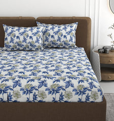 Double Bedsheet With 2 Pillow Covers Size 72 X 72 X 10 Inches, White & Blue | Cotton Feel All Around Elastic Fitted - Queen Size Bedsheets, Super Soft