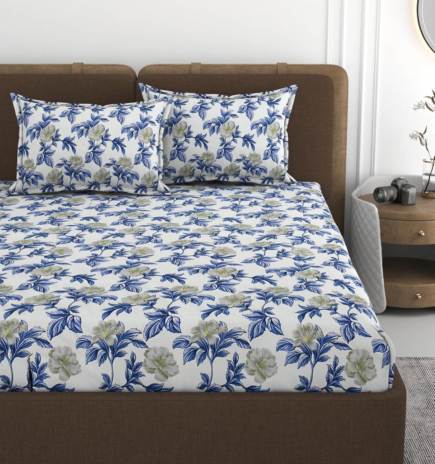 All Around Elastic Fitted Bedsheets King Size With 2 Pillow Covers | Double Size 72 X 78 X 10 Inches, White & Blue - Ideal For Hotel, House, Bedroom, Guest House