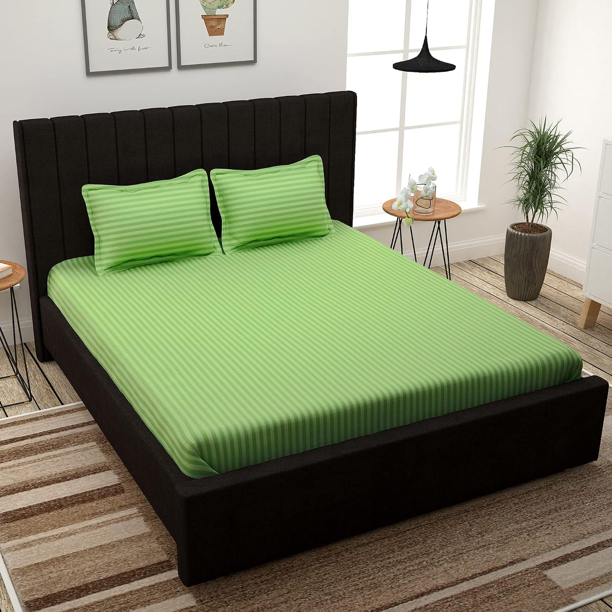 Stripes King Size Cotton Bedsheet With 2 Pillow Covers - 108 X 108 Inches, Light Green | Perfect For Home Decor, Guest House | Ideal For All Seasons
