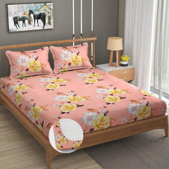 Premium Heavy Cotton Elastic Fitted King Size Bedsheet With 2 Pillow Covers - 72 X 78 X 10 Inches, Baby Pink | All Weather Comfort & Bedroom - Softness & Natural Breathability