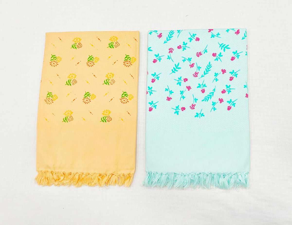 Bombay Dyeing Rimzim 100% Cotton Printed Soft & Slick Quick Drying Bath Towels 500 Gsm (Orange & Sky Blue) - 2 Pcs