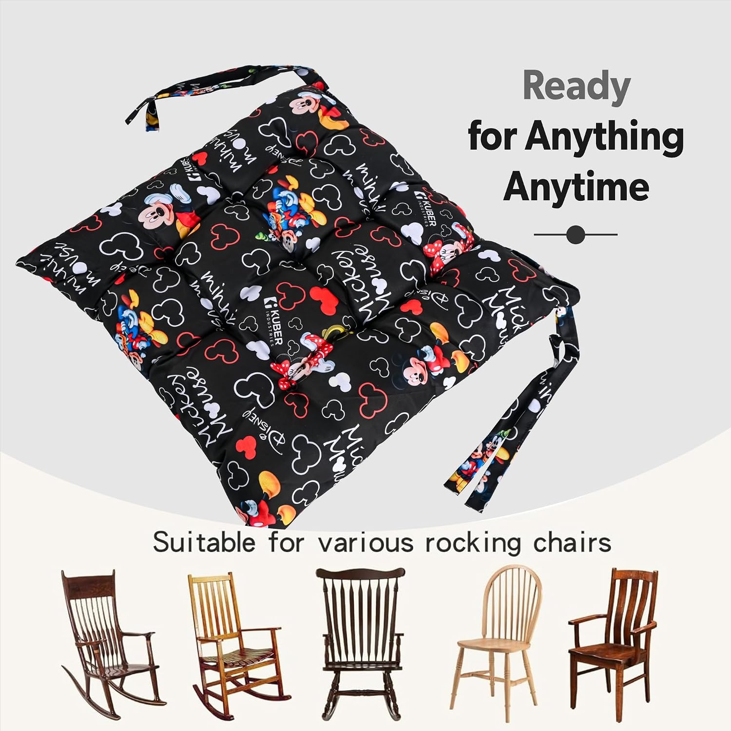 Soft & Comfort Chair Cushion Pad With Ties, Sitting Pillow, Disney Print - Black | Square Shape Pillow, Gaddi For Office, Study Chair, Sofa, Pooja Room | Pain Relief Seat Cushion - 2 Pcs