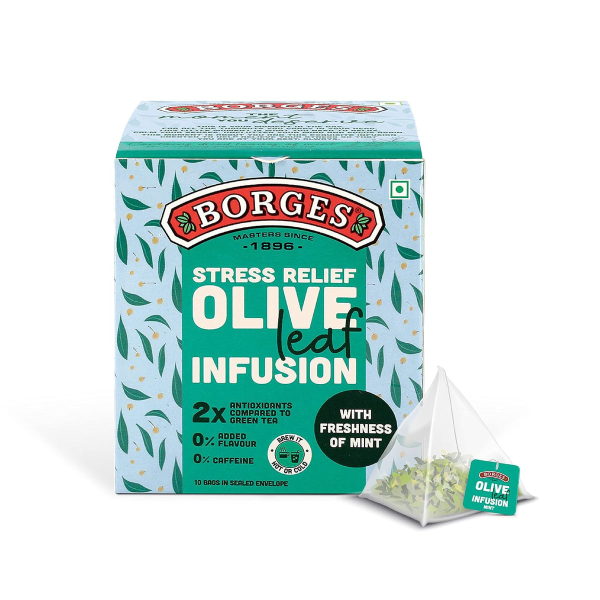 Borges Stress Relief Olive Leaf Infusion Tea - 10 Bags In Sealed Envelope | 2X Antioxidants Than Green Tea - With Freshness Of Mint | Caffeine Free, No Added Flavor