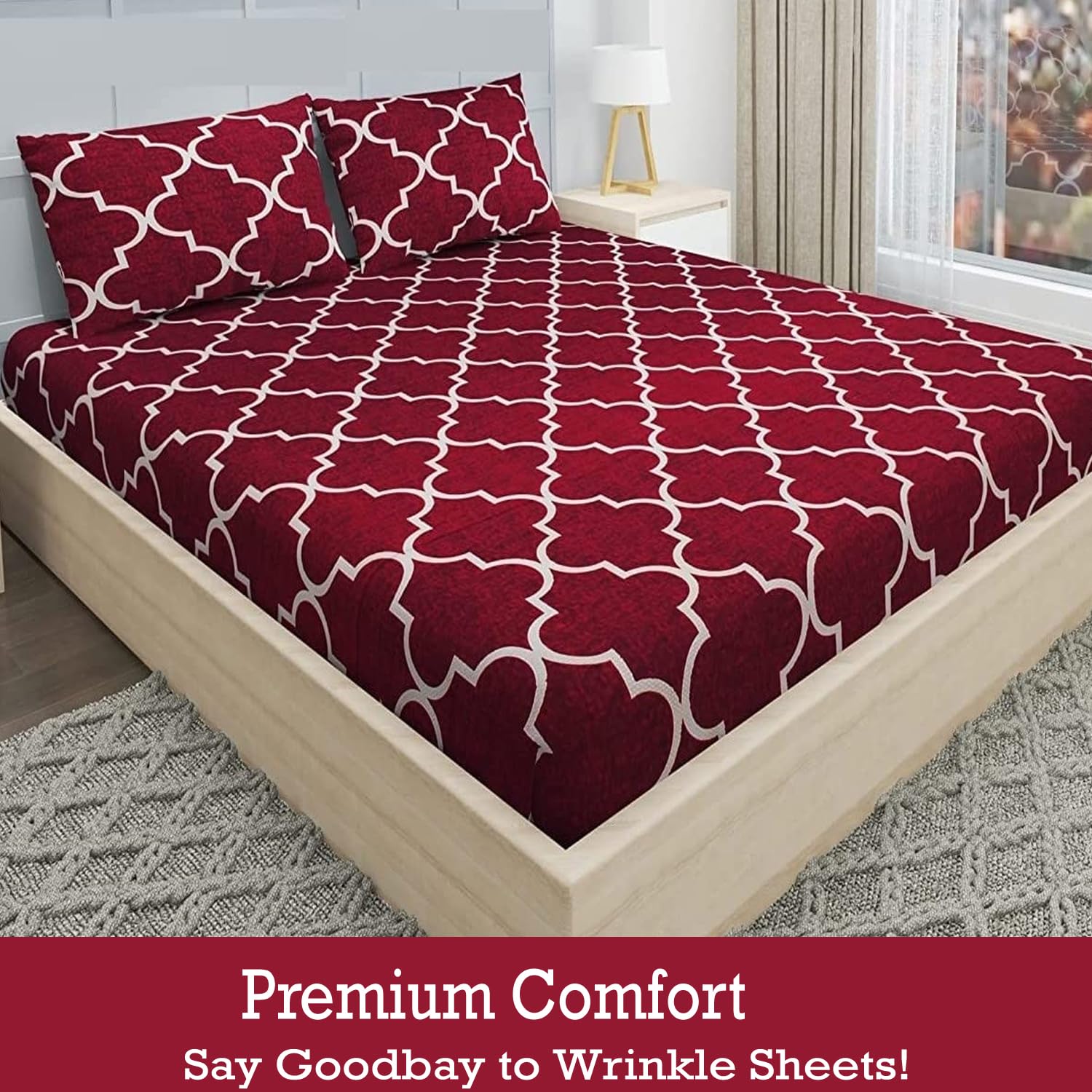 144 TC King Size Bedsheet With 2 Pillow Covers - 90 X 95 Inches | Maroon, Vector Design Bedsheet | Machine Washable & Wrinkle Resistant