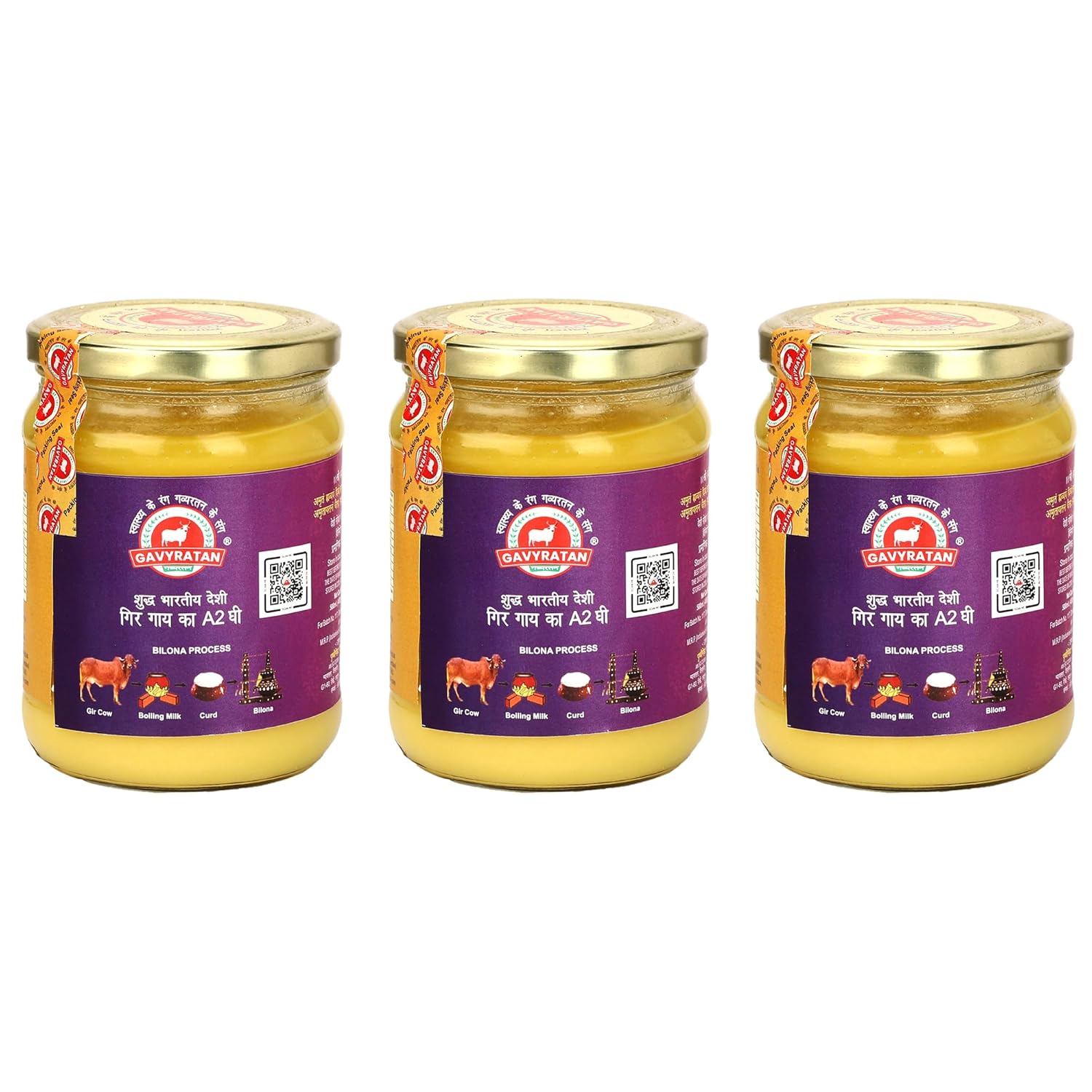 Natural Shudh Indian Gir Cow A2 Ghee By Gavyratan | High In Protein Fiber Healthy Desi Cow Ghee Good For Bakes Cookies | 1.5 Litre (500ml * 3) 50.7 Ounce | Jar Pack