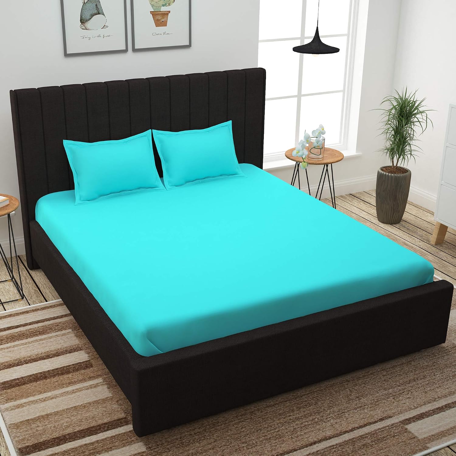 Plain Bedsheet For King Size With Two Matching Pillow Covers - 108 X 108 Inches, Aqua Blue | Double Bed Breathable & Wrinkle Free | Ultra Soft 300 TC Super Soft