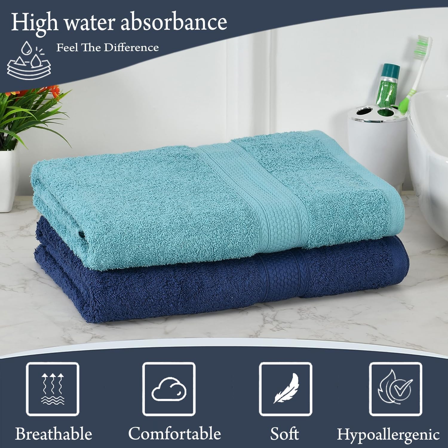Fresh From Loom Luxury Edition Egyptian 100% Pure Cotton Bath Towel 1200 Gsm | High Water Heavy Soft Dual Stitched Bath Towel (Iris Blue & Turquoise Blue) - 2 Pcs