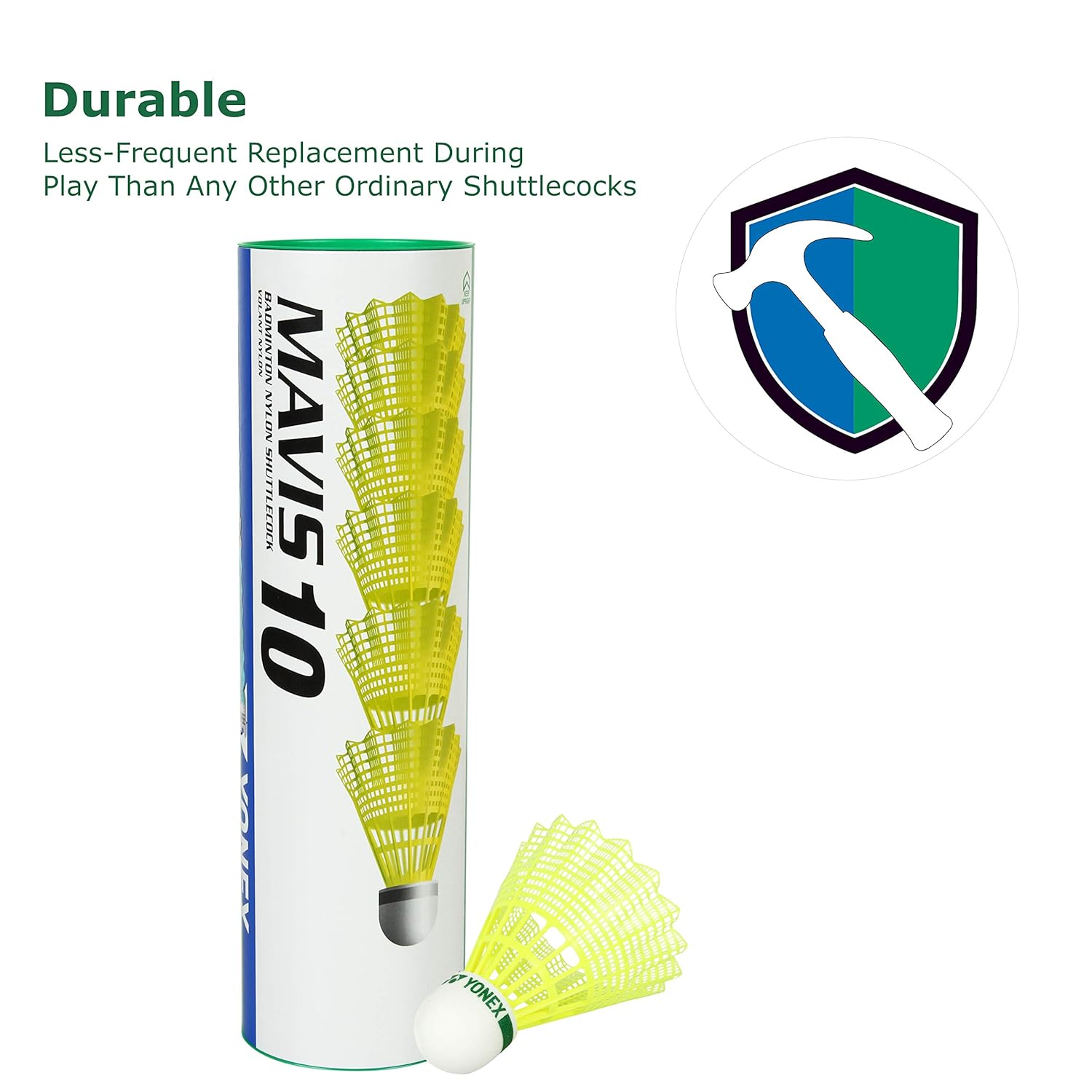Yonex Mavis 10 Badminton Shuttlecocks Nylon | Yellow , Pack Of 6 , Cork Base & Nylon Skirt (Green Cap)