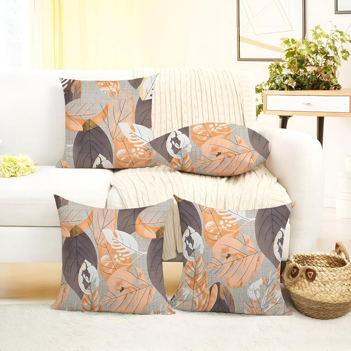 Microfiber Square Pillow Cushion For Sofa & Bed, Grey Color - 24 X 24 Inch | Brown Leaf Deigns, Soft, Comfortable Pillow, Back, Neck Support | Breathable, Removable Cover - Set Of 4