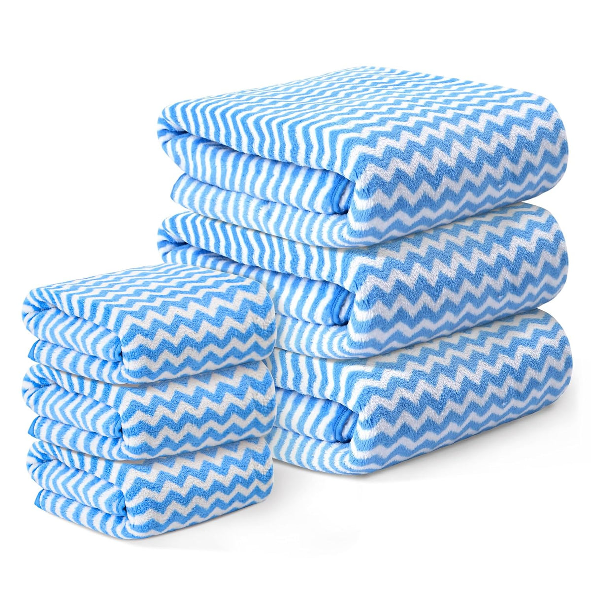 Heart Home Microfiber Bath & Face Towels 1800 Gsm | Quick Absorbent Hand Towels For Wash Basin Bathroom & Kitchen Zig Zag (Blue) - Pack Of 6