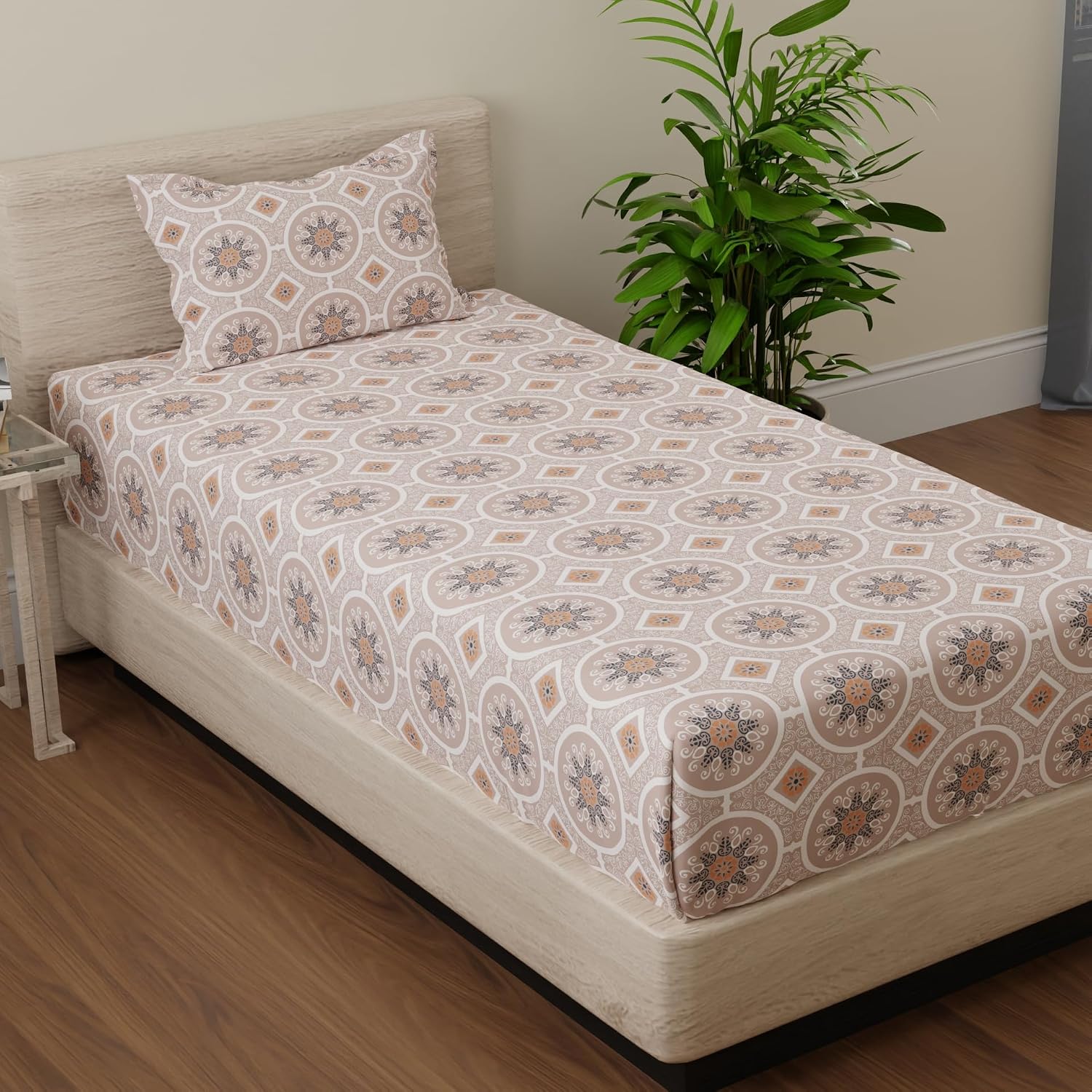 Single Bedsheets With 1 Pillow Cover - 55 X 88 Inches, Orange & Beige | Perfect For Home Decor & Gifts | 144 Thread Count