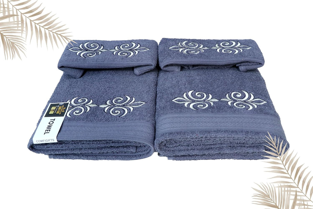 Comfigifts 100% Cotton 2 Bath & 2 Hand Towels 1400 Gsm | Soft, Absorbent, Lightweight Towels With Computerized Embroidery (Grey D1)