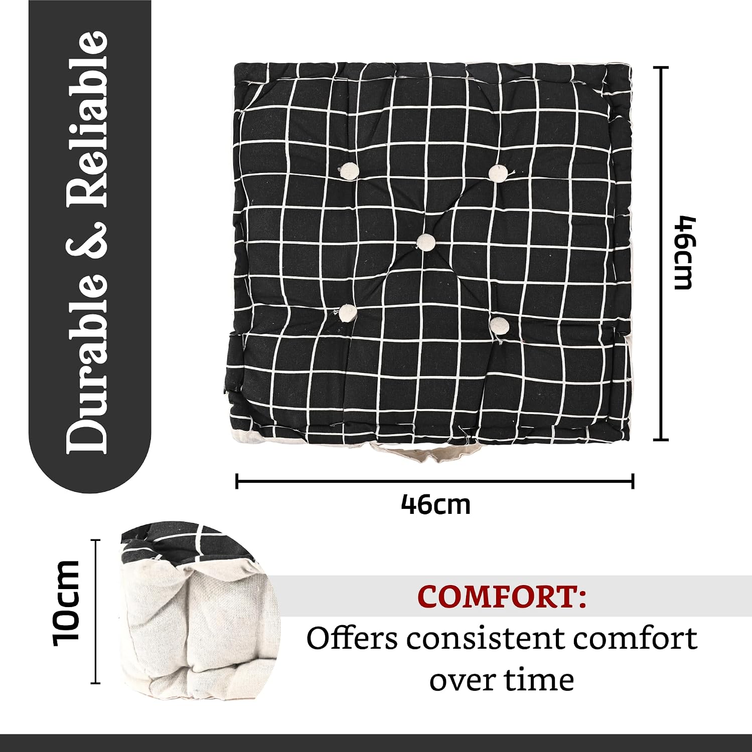 Soft Cotton Chair Cushions For Sitting, Button Pillow, Printed - Black & Grey | Pillow For Office Work & Posture Support | Sitting Cushion & Back Rest For Chair | Pain Relief - Pack Of 6