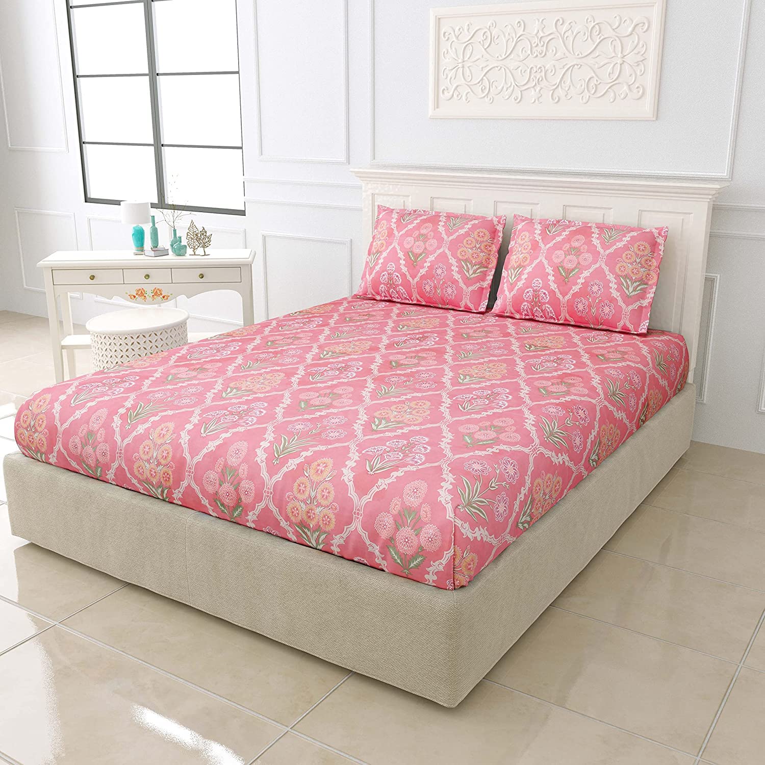 Printed King Size Double Bedsheet With 2 Large Pillow Cover - Size 72 X 78 X 14 Inches, Pink | Cotton Elastic Fitted All Around Bedsheet - Breathable & Wrinkle Free