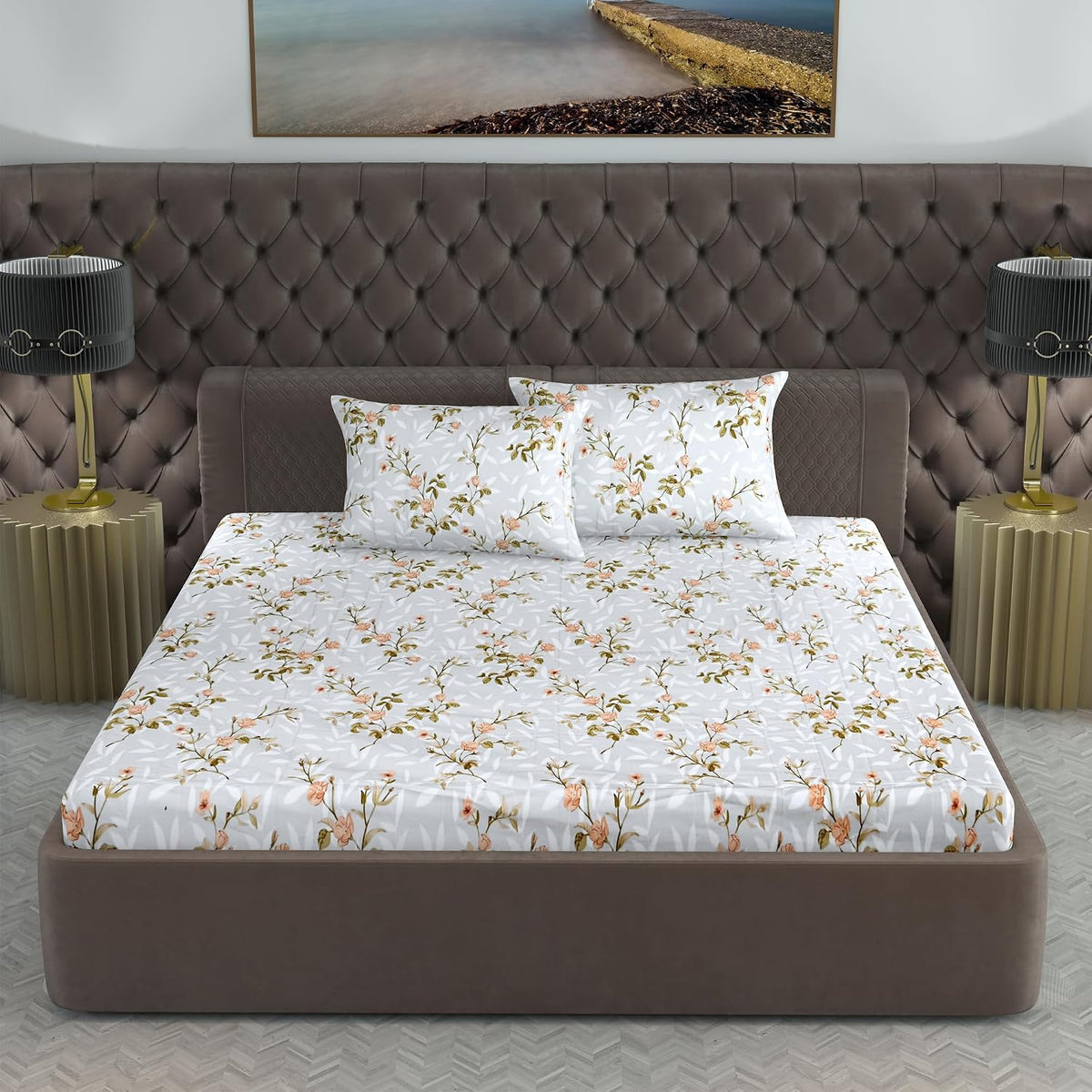 King Size Double Bedsheet With 2 Pillow Cover - 108 X 108 Inches, Grey & Peach | Skin Friendly Fabric For Everyday Comfort - Perfect Gifting For Wedding Anniversary