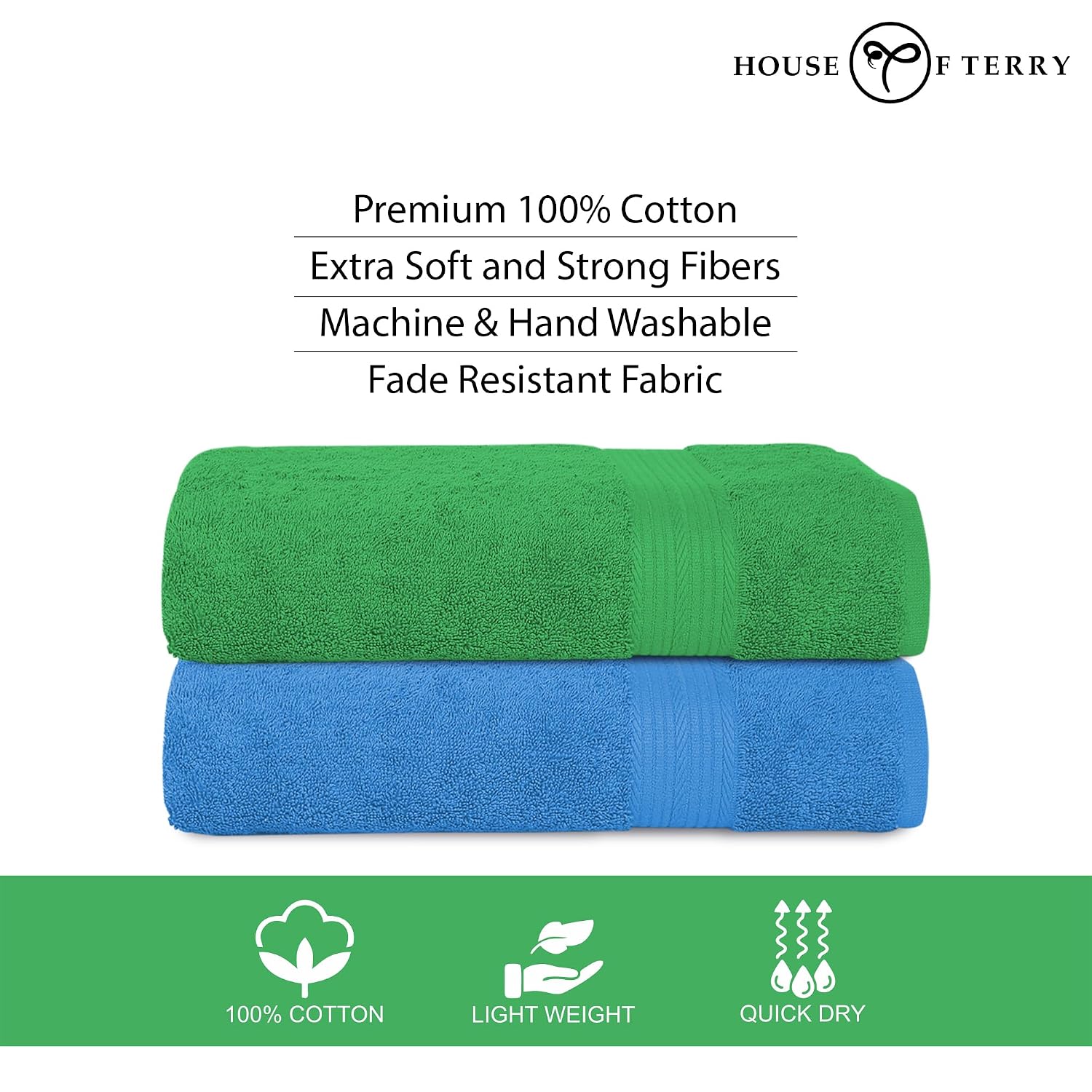 House Of Terry 100% Cotton Bath Towel 1000 Gsm | Quick Dry, Soft & Absorbent, Fade-Resistant, Skin-Friendly Large Size Towel (Spring Green & Blue) - Pack Of 2