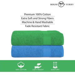 House Of Terry 100% Cotton Bath Towel 1000 Gsm | Quick Dry, Soft & Absorbent, Fade-Resistant, Skin-Friendly Large Size Towel (Spring Green & Blue) - Pack Of 2