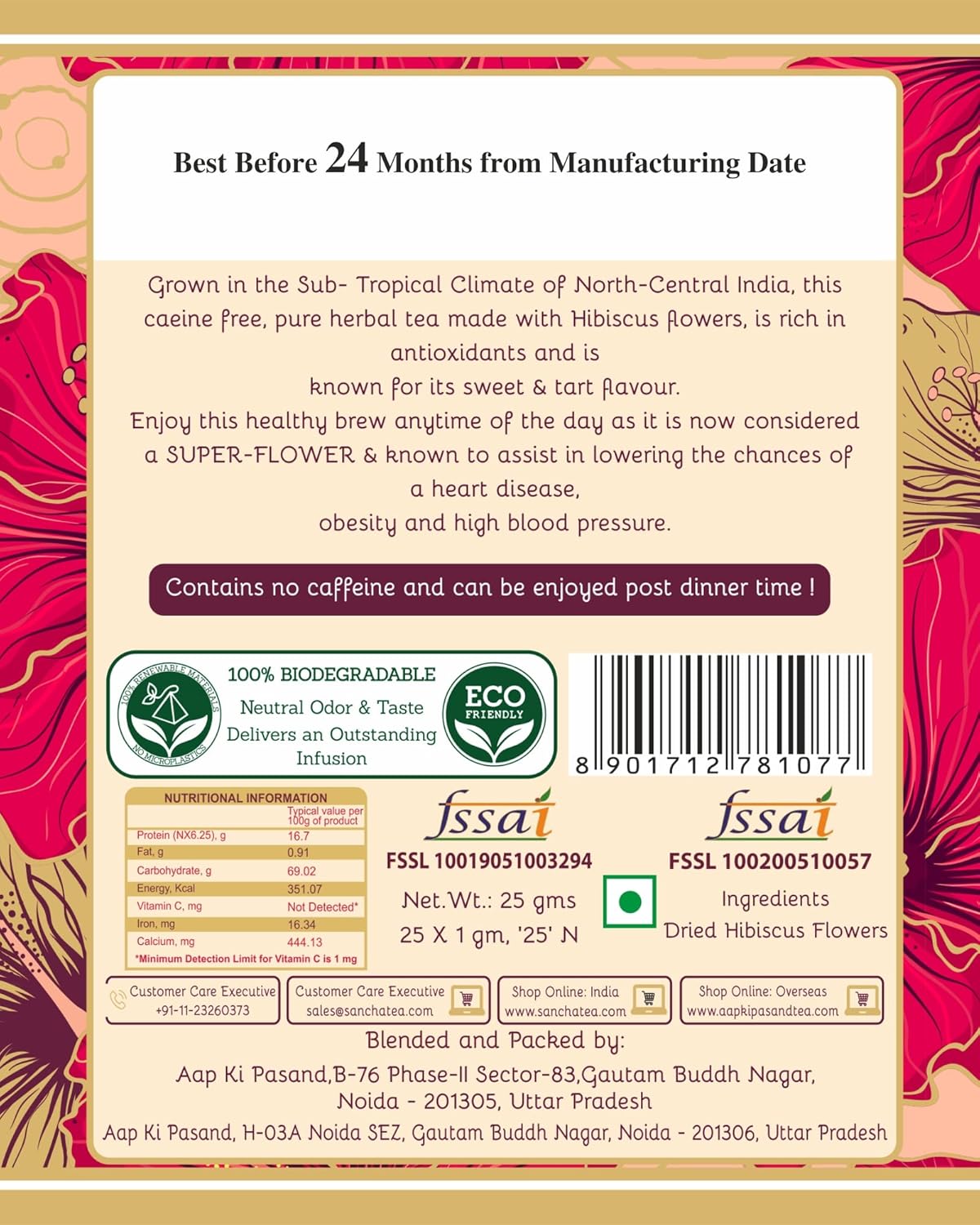 San-Cha Hibiscus Super Flower Herbal Tea - 25 Silky Tea Bags | Rich In Vitamin C, Helps Boost Immunity - Caffeine Free