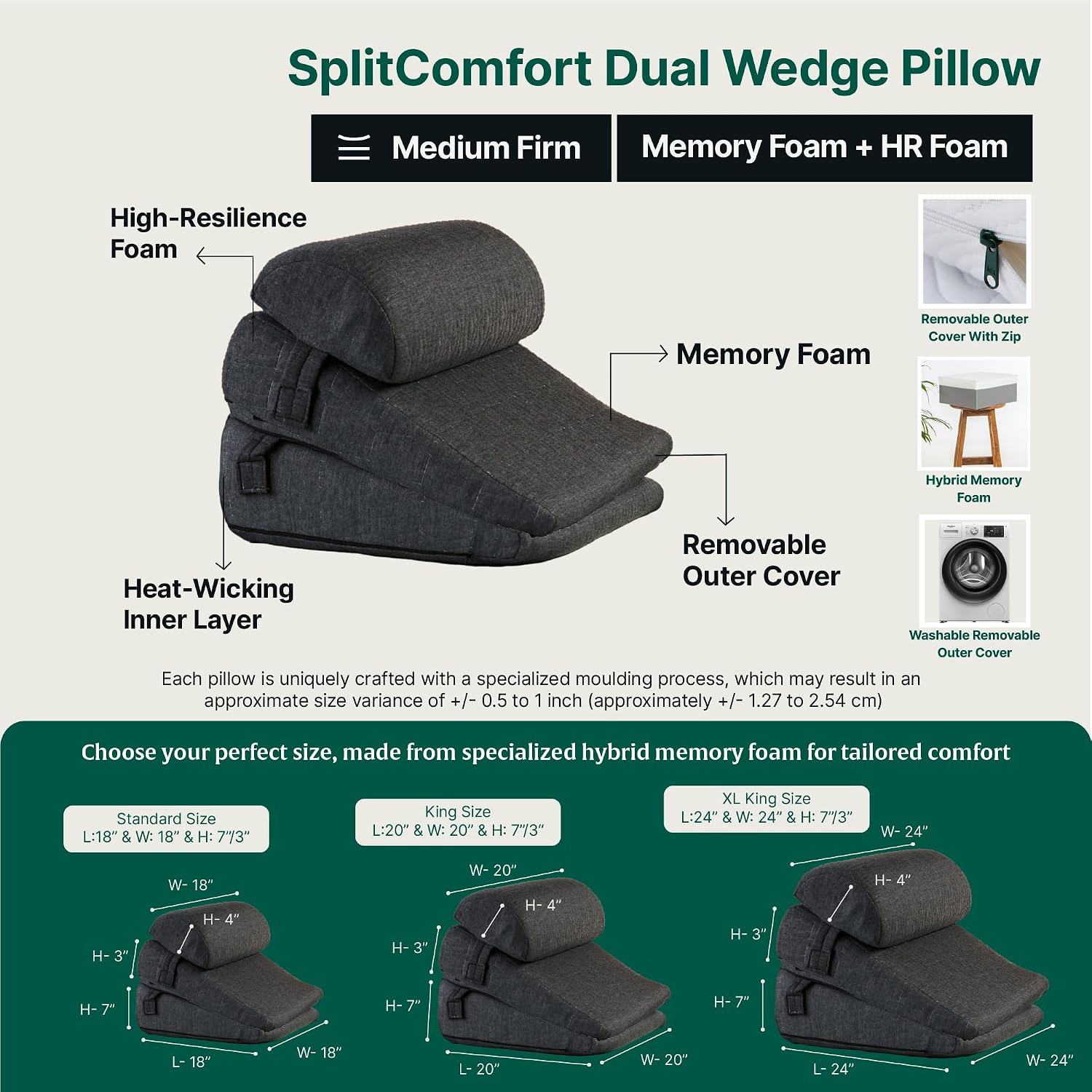 Wedge Cushion, Dual Layer Wedge Pillow For Bed & Back Support - Standard Size - 18 L X 18 W X 7 H+3 H Inch | Wedge Pillow For Neck & Back Pain, Acid Reflux - Adjustable, Headrest Pillow