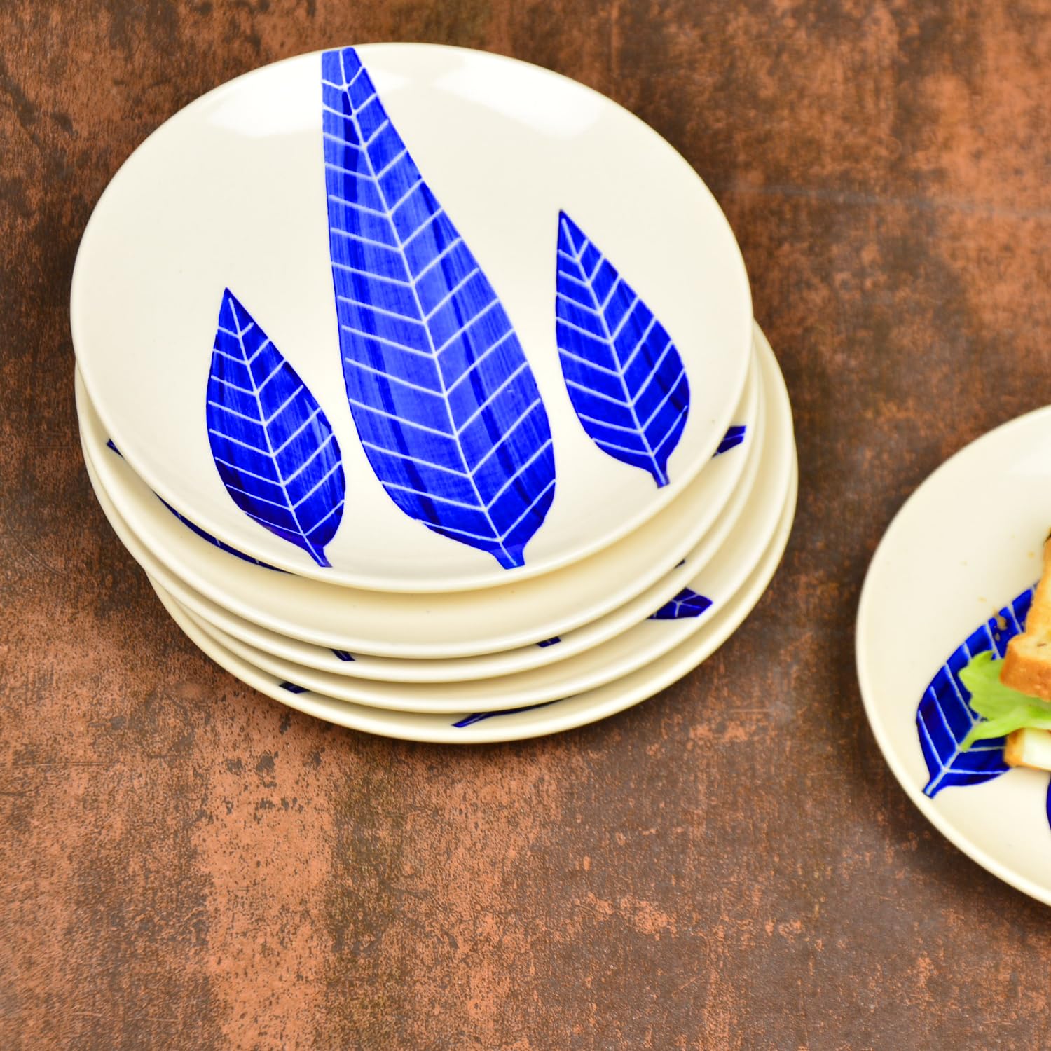 Hand Painted Ceramic Blue Leaf Quarter Plates Set Of 6 - 7 Inches, Blue & White | Dishwasher Safe Small Side Plates - Microwave Safe Snack Plates