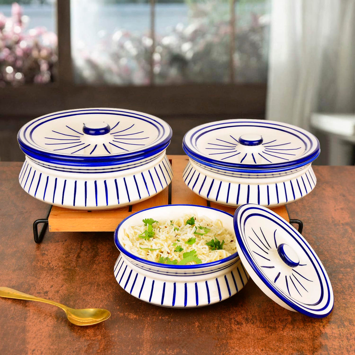 Hand Painted Ceramic Handi With Lid Set Of 3 - 1500ml, 1000ml & 700ml, White & Blue | Dinner Serving Set - Serving Pots, Biryani Handis | Gift Pack