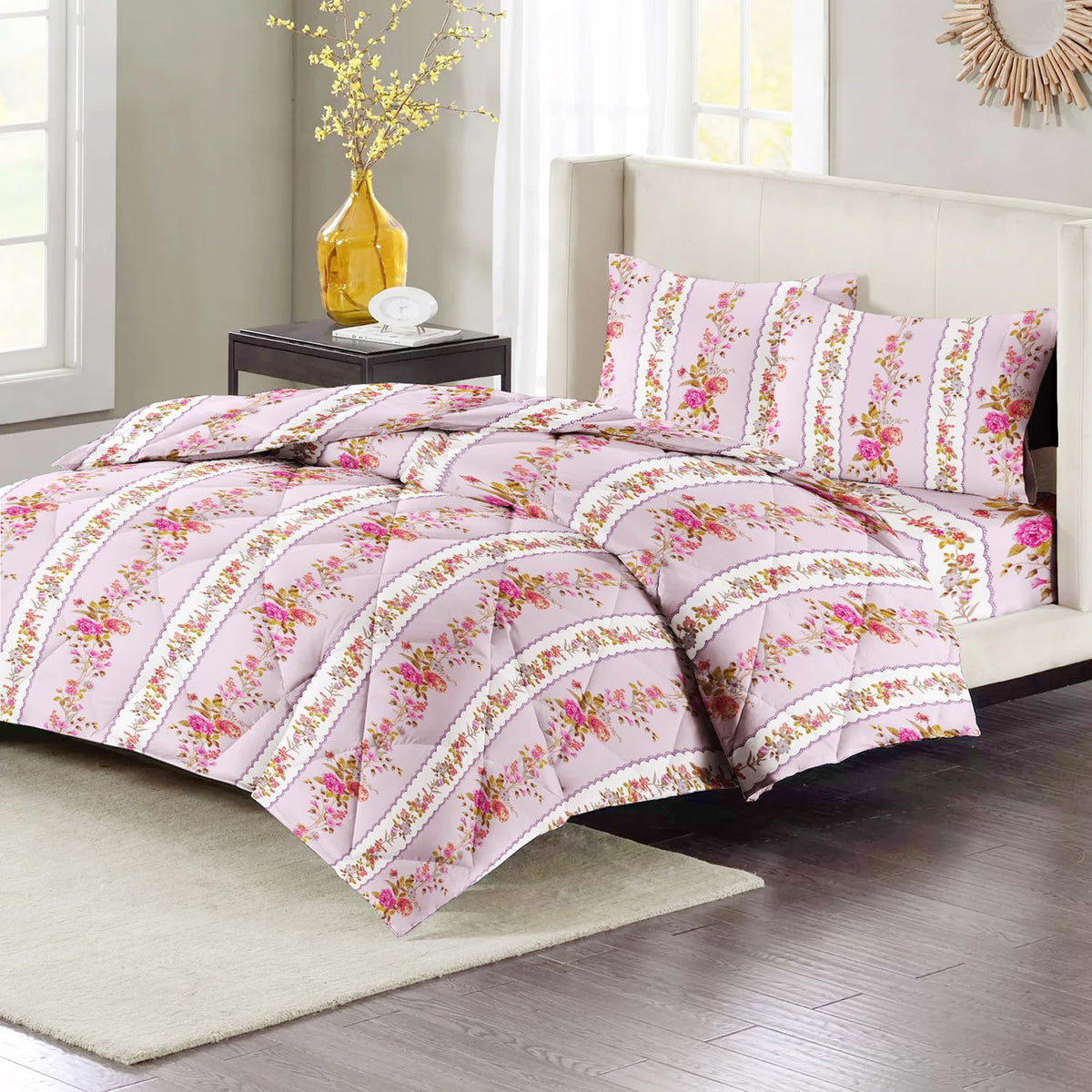 Cotton King Size Double Bedsheet 1 AC Comforter & 2 Pillow Covers | 90 X 100 Inches, Light Pink - Perfect Gift Set Wedding, Anniversary | 4 Pc Bedding Set