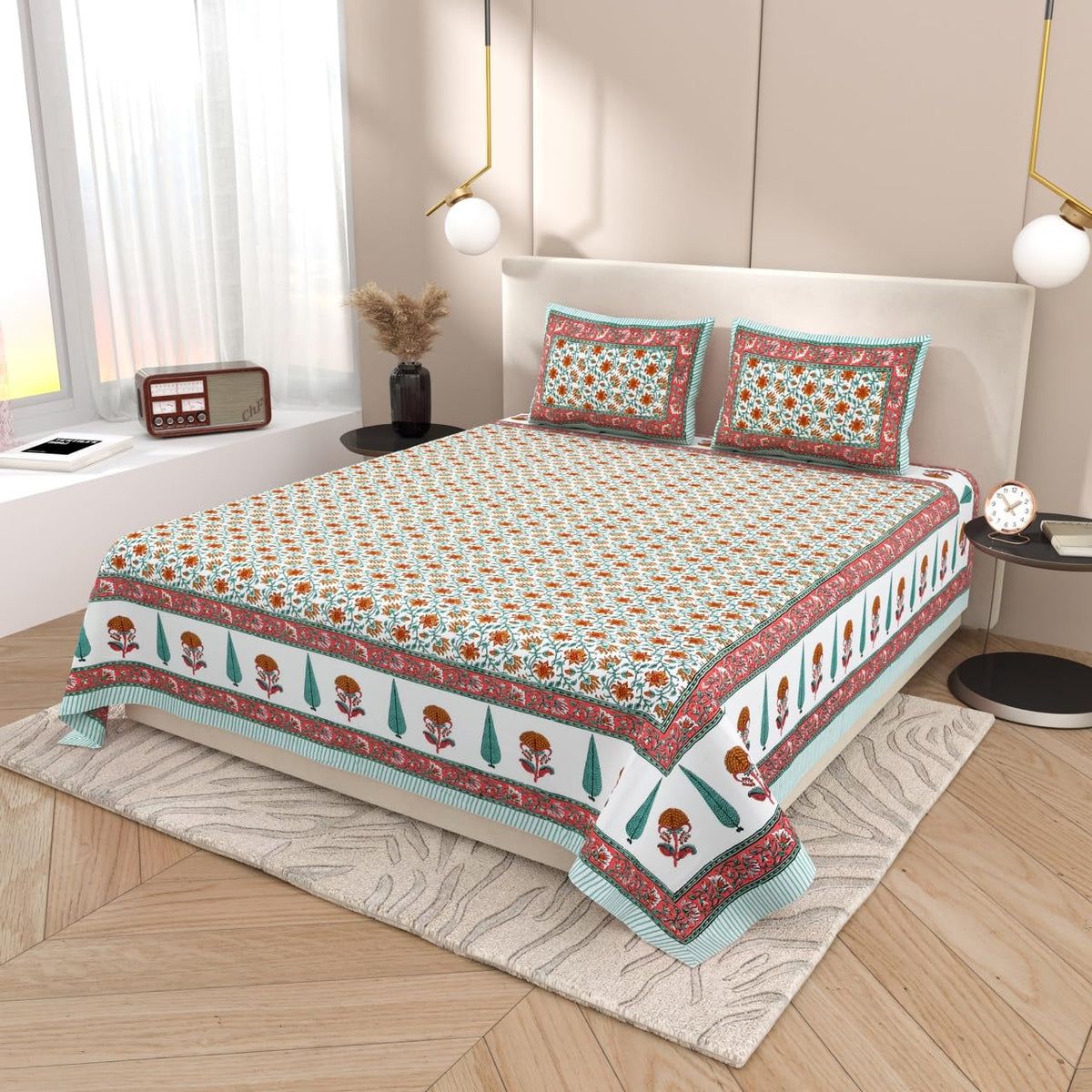 Pure Cotton Double Bedsheet For King Size With 2 Pillow Covers | 90 X 108 Inches, Green & Mustard | Ultra-Soft & Skin-Safe | Breathable Summer Comfort