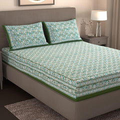 Handloom Printed Double Bedsheet For Queen Size With 2 Matching Pillow Cover | Size 90 X 100 Inches, Green - Cotton Bedsheets For Double Bed | Soft & Smooth