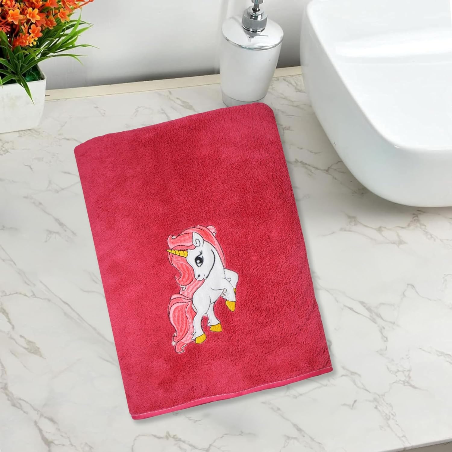 Maxoshine Microfiber Kids Bath Towels 400 Gsm | Quick Dry Super Absorbent Super Soft Bath Towel For Babies Toddler-Baby Towel - Red (Unicorn Design)