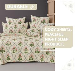Cotton Double Bedsheets King Size With 2 Pillow Covers | Size 78 X 72+10 Inches, Pink & White - All Around Elastic Fitted Design Bedsheet