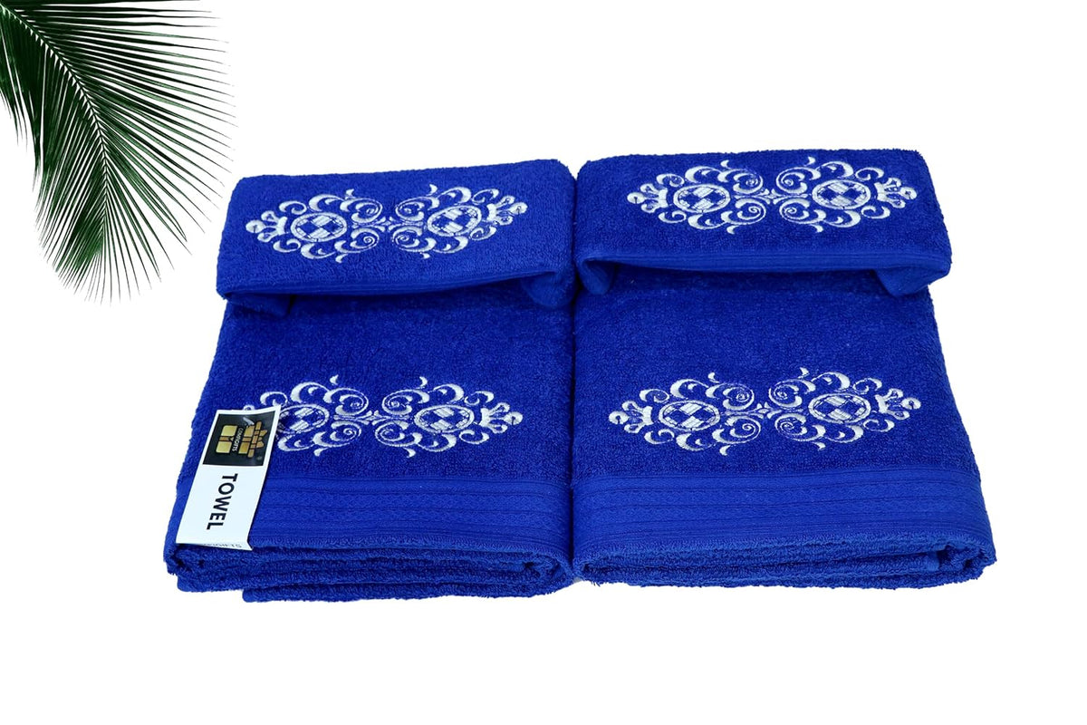 Comfigifts 100% Cotton 2 Bath & 2 Hand Towels 1400 Gsm | Soft, Absorbent, Lightweight Towels With Computerized Embroidery (Royal Blue D2)