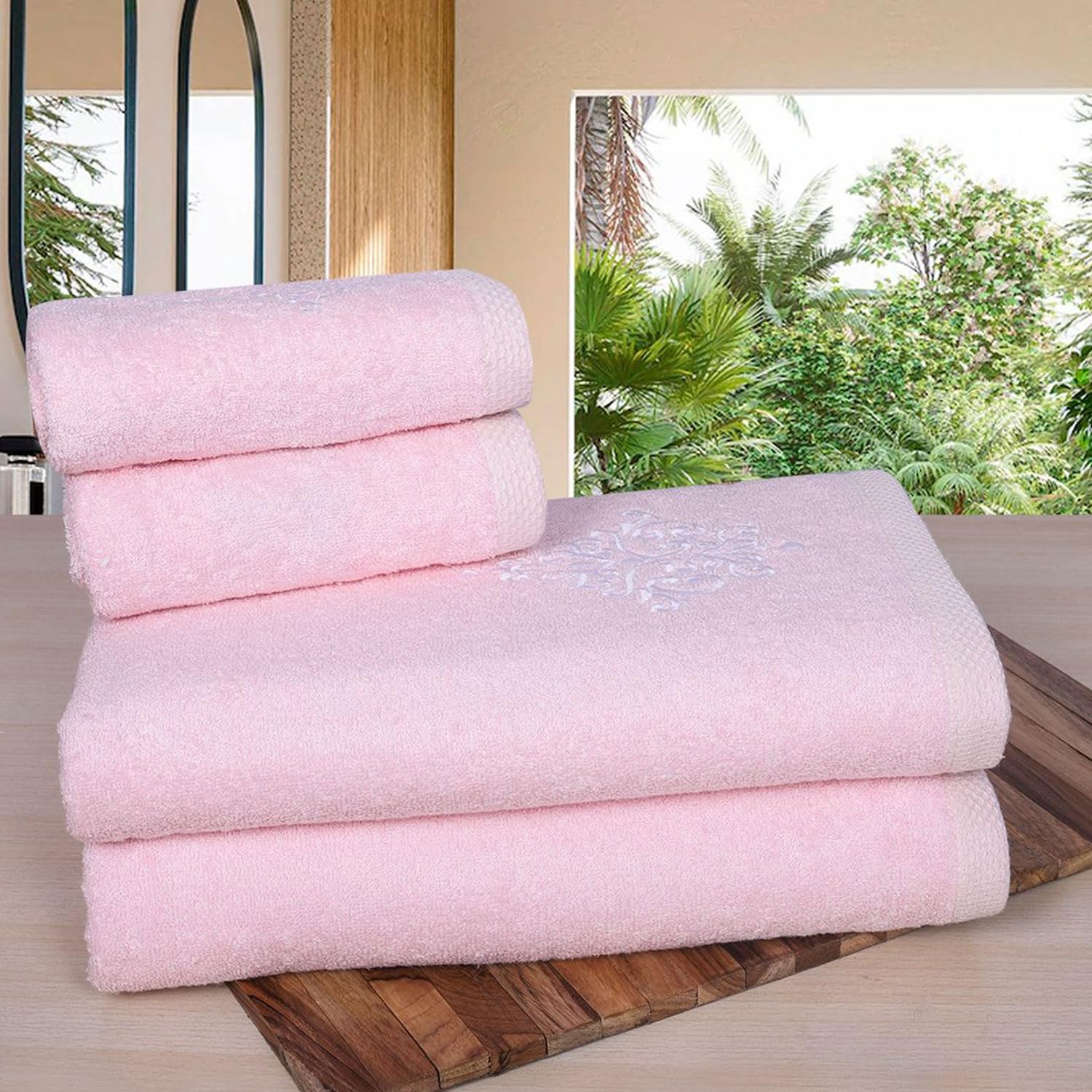 Rangoli 100% Bamboo 2 Bath & 2 Hand Towels 850 Gsm | Large Size Ultra Soft, Quick-Absorbent & Eco-Friendly Towels - Pink