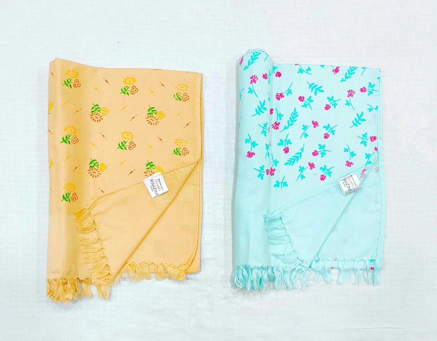 Bombay Dyeing Rimzim 100% Cotton Printed Soft & Slick Quick Drying Bath Towels 500 Gsm (Orange & Sky Blue) - 2 Pcs