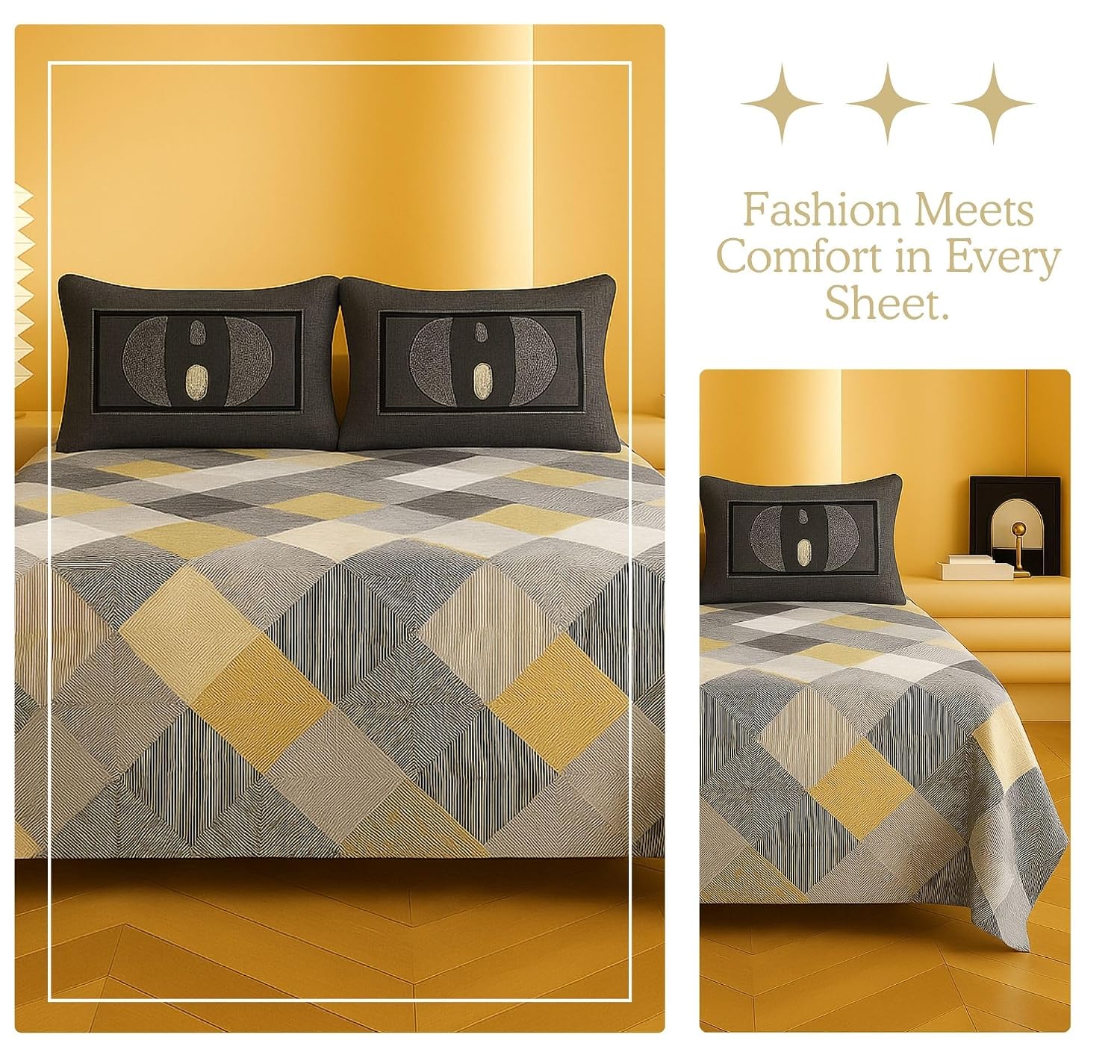 1 Double Bedsheet With Two Pillow Covers - 90 X 94 Inches, Grey & Mustard | 300 Thread Count Super Soft Bed Sheet For King Size Bed Geometric Pattern