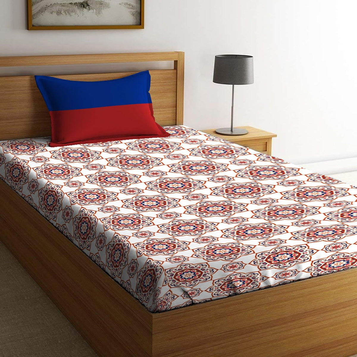 1 Single Size Bedsheet With 1 Pillow Cover (60 X 90 Inches) Red & Blue | Bedsheet Set - Urban Comfort Collection, Breathable & Superior Softness | 144 Thread Count