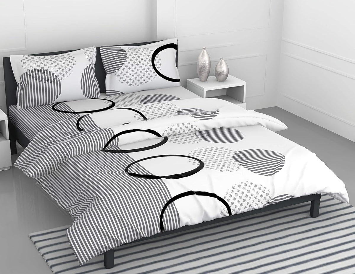 Perfect Cotton King Size Bedsheet With 2 Pillow Covers | 104 X 104 Inches, White & Dark Grey | Durability, Breathability, Softness, & Easy Maintenance