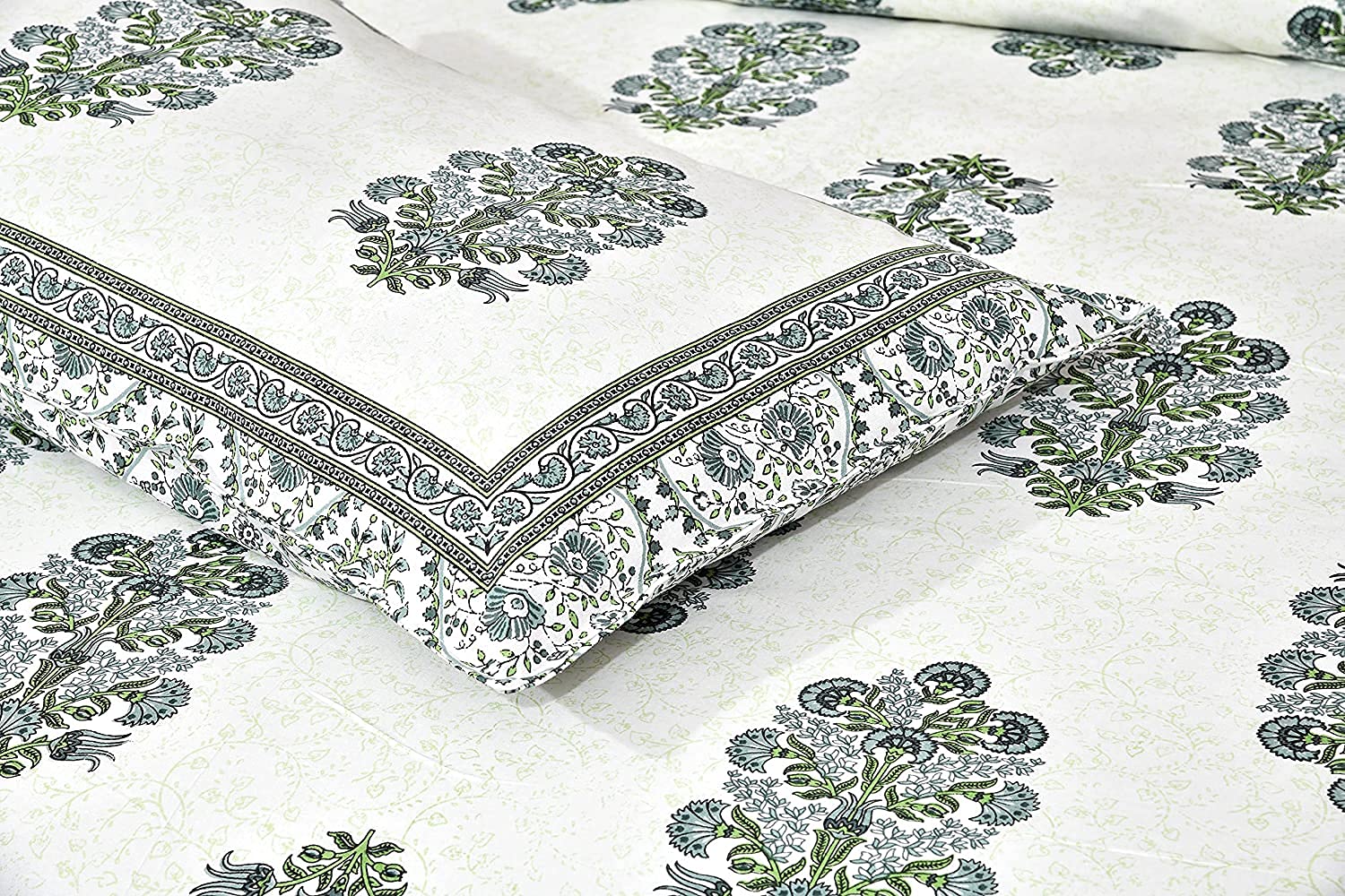 100% Cotton Jaipuri Bedsheet For King Size (90 X 103 Inches, Cream & Green) With 2 Pillow Covers | Perfect For Everyday Use, Guest Rooms, Or Gifting On Special Occasions