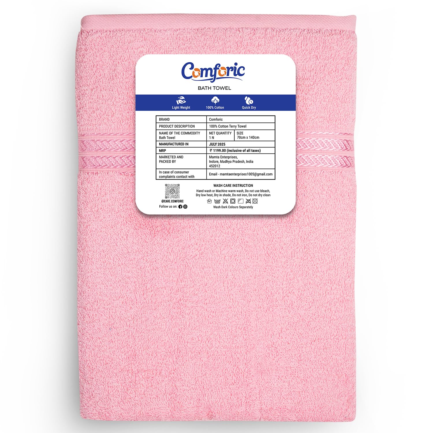 Comforic 100% Cotton Bath Towels 500 Gsm | Large Size Bath Towel For Men & Women Quick Dry, Super Soft & Absorbent Gym Towel, Travel Towel (Baby Pink)