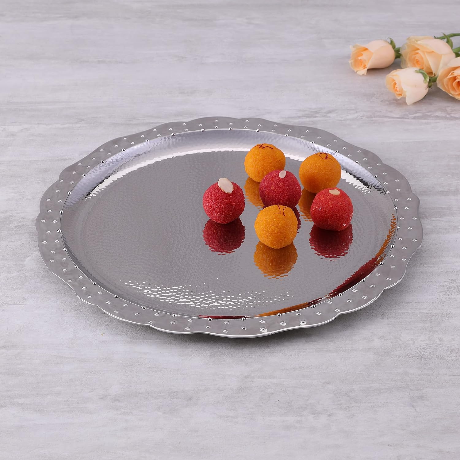 Designer Chrome Stainless Steel Round Platters - Polka Series | Serving Tray For Food Dessert Fruit Coffee Tea - Serve Ware, Dinnerware & Tableware