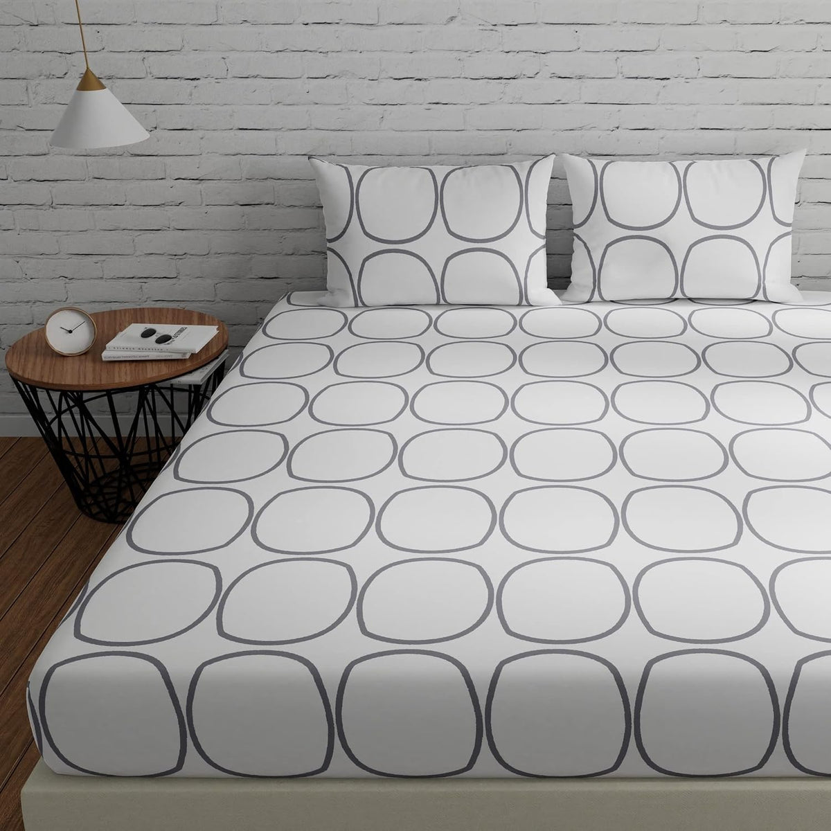 Cotton Double Bedsheet For Queen Size With 2 Pillow Covers - 88 X 96 Inches, White & Grey | Good For Guest Houses, & Daily Home Use